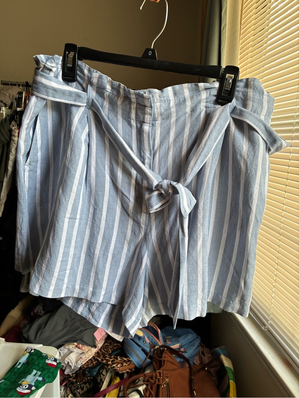 LOFT Light Blue & White Striped Paperbag Waist Shorts with Tie